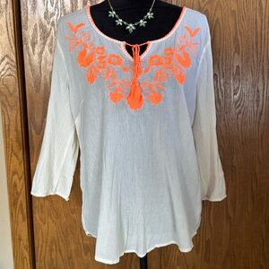 Maurices Womens Blouse Top Plus Size 1 Cream Blaze Neon Orange Floral Keyhole